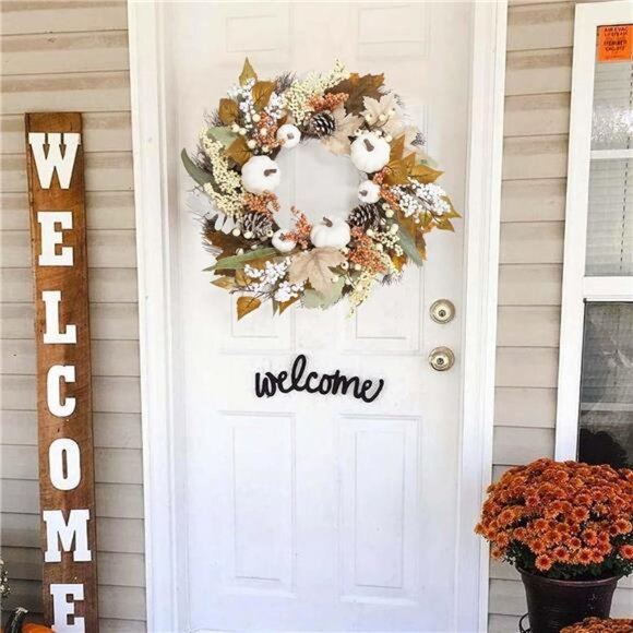 Fall Decor White Wreaths for Front Door - 18 Inch Autumn Maples Leaf Pumpkin - Picture 5 of 6